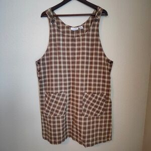 Vintage 90s Brown Plaid Pinafore Dress Linen Blend Jumper 1X Pockets Cottagecore